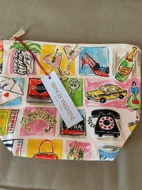 Frances Valentine Cream Canvas Cosmetic Pouch with Multicolor New York Icons
